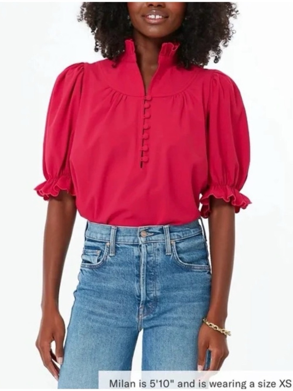 Tuckernuck Bright Pink/ Red Ruffled Puff-Sleeve Blouse